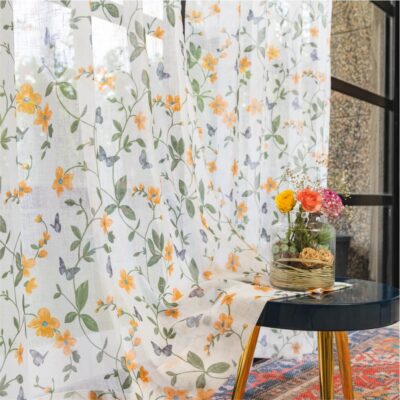 Urban Space Printed Sheer Curtains for Long Door 8 feet, 35-40% Light Filtering Textured Decorative Curtains with Eyelets and TieBack for Living Room, Set of 2 Curtains (Door - 8 ft, Floral Yellow)