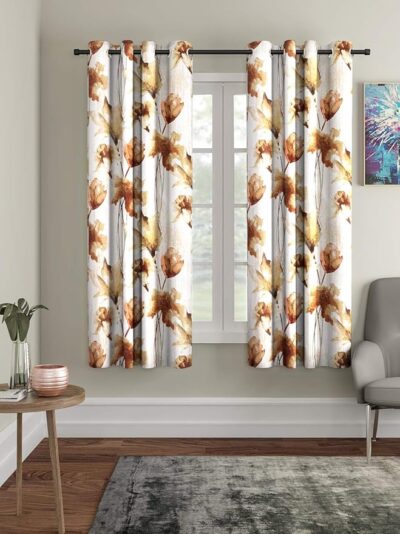 Home Sizzler 2 Pieces Abstract Flower Eyelet Polyester Window Curtains - 5 Feet, Brown