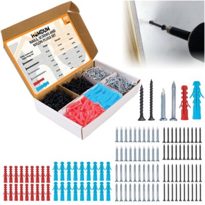 Homdum 400 Pcs Assorted Nails, Screws & Nylon Plugs Set – Multipurpose DIY Home Fixing Kit