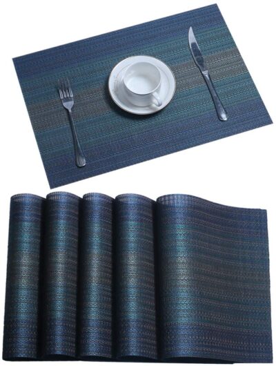 Rectangular Heat-Resistant Woven PVC Vinyl Stain Resistant Placemat for Dining Table - Easy to Clean - Set of 6 Pieces (Berry Blue)