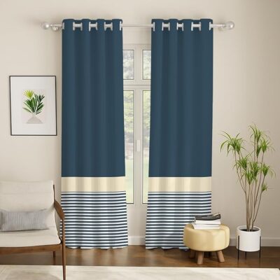 Urban Space 100% Cotton Curtains 7 feet Long Set of 2, 60-65% Room Darkening Curtains, Readymade Solid Panel Curtains with Tieback (Sailor Stripe Dark Teal, 7 Feet)