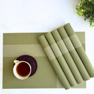 Premium Dining Table Mats Set of 6 | Wipeable & Washable PVC Placemats | Anti Skid and Heat Resistant Designer Mats 6 Pieces - Olive Grid