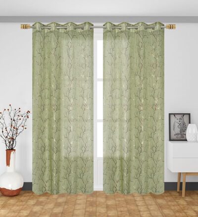 Elegant Sheer Curtain with Foil-Printed Tree Pattern - Lightweight, Decorative Long Door Curtain, Set of 2 | 9 feet | Green