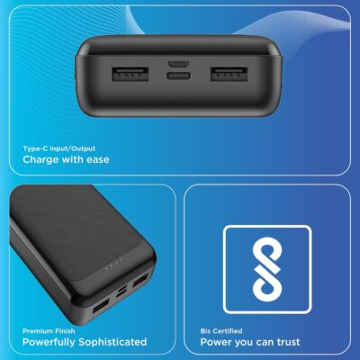 URBN Power Bank 20000mAh Fast Charging | 22.5W Super Fast Power Delivery (PD) Portable Charger | Triple Output | USB Type C Input & Output | Pass Through Charging | (Black)