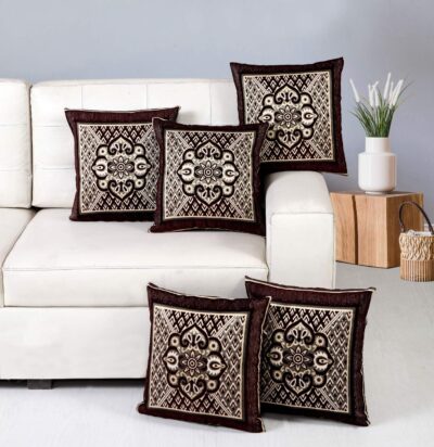 Nendle Jacquard Weaved Decorative Velvet Cushion Cover/Sofa Pillow Cover Set of 5 Pieces (Brown, 16x16 Inches)-500 TC