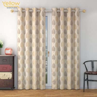 Yellow Weaves Rich Jacquard Fabric Curtains for Door, Lilac Leaf, 7 Feet, Pack of 2, Beige Brown, Eyelet
