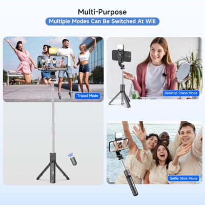 WeCool S3-L Selfie Stick Tripod, Detachable LED Light & Wireless Remote, 3-in-1 Extendable Selfie Stick with Sturdy Tripod Stand, Ideal for Vlogging & Travel, Compatible with All iPhone & Smartphones