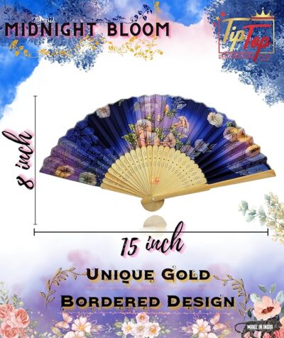 Premium Gold Printed Floral Wooden Hand Held Fan (15 Inch) (Pack Of 1 Piece, Midnight Bloom)