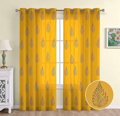 THE LINEN COMPANY Cotton Linen Solid Sheer Curtain Set with Steel Eyelet Rings Window Curtain - 4.5 x 6 Feet (Set of 2 - Blue Leaf on Mustard)