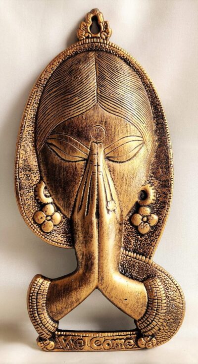 Akriti Brass Art Wares Aluminum Welcome Namaste Lady Wall Hanging Showpiece, Antique Finish (14x2x28 cm)