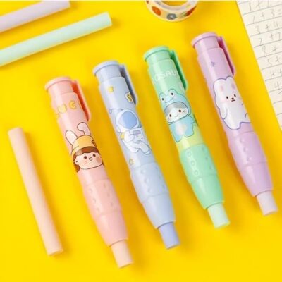 AARNAVKART Cute Cartoon Retractable Press Pen Erasers || Press Rubbers with 2 Pcs Refill Eraser || Novelty Pen Eraser for Kids, Stationery Gift for Kids (Multicolor) (Pack of 4)