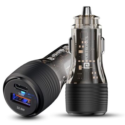 Portronics Car Power View Plus 55.5W Transparent Car Charger, Dual Port Fast Car Charger with 33W Type-C PD & 22.5W USB-A, Charge 2 Devices Simultaneously, for Smartphones, iPhones, Tablets, Earbuds