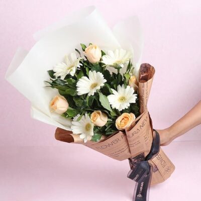 Flower Aura Fresh Artificial Flower Bouquet of 5 Roses & 5 Gerbera Flowers In NewsPaper For Birthday Gift, Anniversary Gift, Mother's Day Gift, Love & Romance Gift, Father's Day Gift (Same Day Delivery)