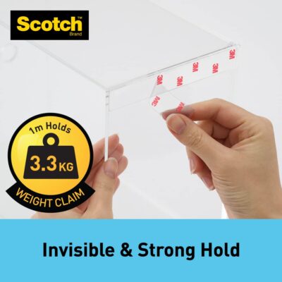Scotch 3M Clear Double-Sided Tape, 1M Holds 3.3 Kg, Invisible Finish, for indoor hanging applications, works on uneven surfaces, Heavy Duty, Strong Adhesive, (L: 1.5m, W: 19mm), Transparent