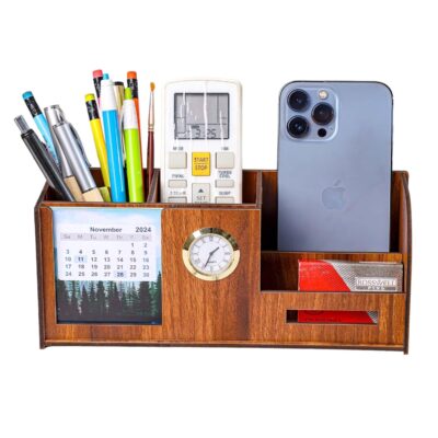 Deskart Desk Organizer With Calender, Clock, Business Visiting Card And Mobile Holder|Multipurpose Wooden Pen And Pencil Holder Stand For Office&Study Table, Desk Supplies Organisers,Brown