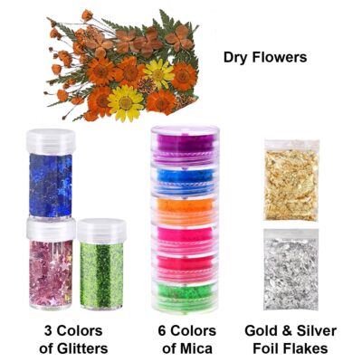 29pcs DIY Three Coaster Epoxy Resin Art Materials Kit with Dry Flowers for Making 3 Coasters with Silicone Moulds, Glitters, Flakes, Color Pigments & More (2:1 Resin to Hardener, 150gm)