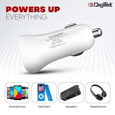 Digitek (DMC 031) Dual USB Fast Car Charger 2.4A, High-Speed Car Adapter with Multi Protection Compatible with Cars for iPhone & Android Smartphone, Power Bank, Smartwatch, Headphone