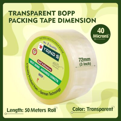 YAJNAS 72mm/ 3 Inch x 50 Meters, Pack of 1, BOPP Packaging Clear Tape (Transparent) cello Tape Rolls | E-commerce Packaging for Home, Office & Box