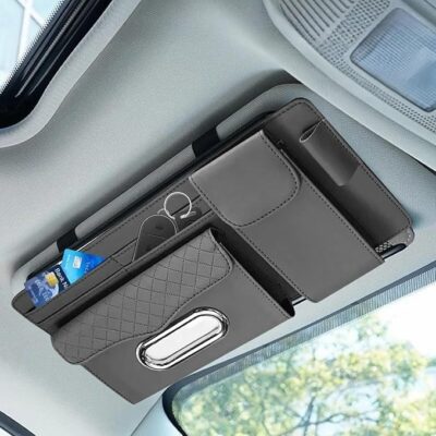 DETACHI Car Sun Visor Organizer with Tissue Paper, Sunglass Pen Card Small Document Storage Pouch & Phone Holder, Leatherette, Multi-Pocket with Zipper Net-(Grey, 18X3X37CM)
