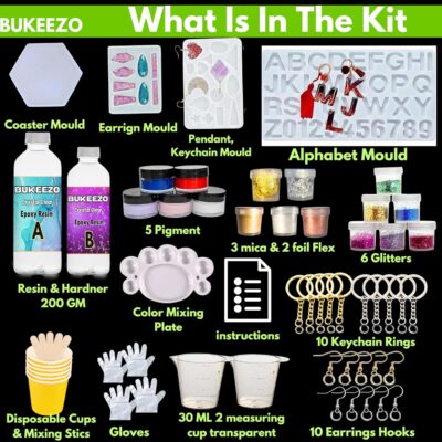 Bukeezo Resin art kit with moulds-epoxy resin art kit-200 Gm, keychain earring jewellery ring Coaster Alphabet and Feather Bookmark making materials kit with Mica, Glitters, Pigments and Flakes all things (WITH FOUR MOULD)