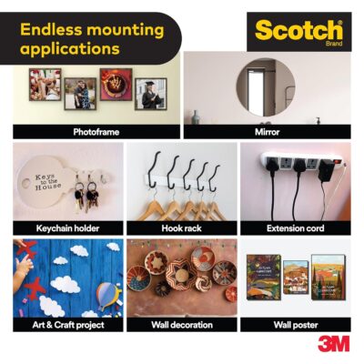 Scotch 3M Double Sided Tape (1m holds 4.5Kgs) for indoor hanging applications (Photo frames, Mirrors, Key Holders, Extension Boards, Wall decoration, etc)(L: 3m, W: 24mm)
