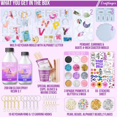 Craftinger DIY 85 Pcs Pro Resin Art Kit with 200 Gm Resin and Coasters Alphabet Keychain Earring Making Kit with Pigment Glitter Mica and More, Multicolour
