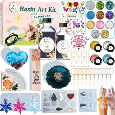 Mines Art Pro DIY Resin Art Kit Complete Crafting Kit with 200g Resin, 7 Moulds, Glitter, Pigments, Mica, Tools and Accessories for Keychains, Coasters, Earrings, Bookmarks & More - (MRA- 111)