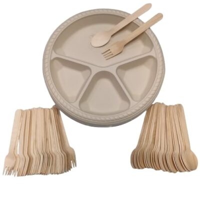 Hriday Foods Corn Starch Disposable Plates – 11 Inch Round with 4 Compartments – Set of 25 with Free Wooden Spoons (25) & Forks (25) | 100% Biodegradable | Ideal for Lunch & Dinner Parties