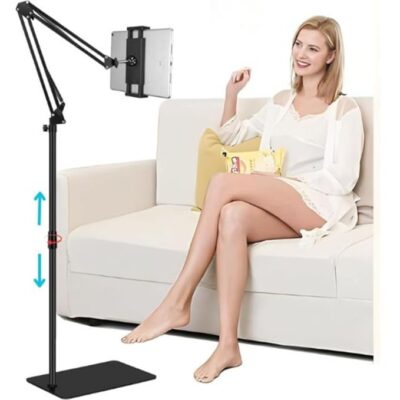 Mobile + Tablet Floor Stand [1 Mobile + 1 Full Size Tab Holder Clip]-SooPii Tablet Holder Mount with Adjustable Height & Strong Arm, Heavy Base, Compatible with Tabs & Cell Phones (4.7''-14'' Devices)