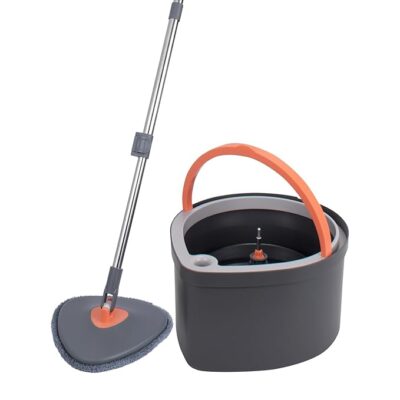 BonKaso 360° Spin Mop with Drop Bucket Deluxe System Set and Reusable Microfiber Pads for Wet & Dry Glass, Wall, Tile and Home Floor Cleaning - Grey and Orange