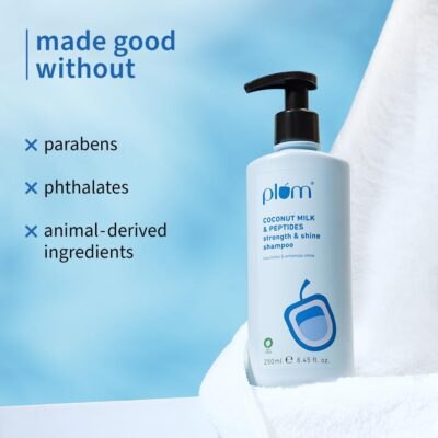 Plum Coconut Milk & Peptides Strength & Shine Shampoo | 22X Smoother Hair | With Coconut Milk & Pea Peptide | Smoothening & Strengthening | Paraben-Free, 100% Vegan, 250ml