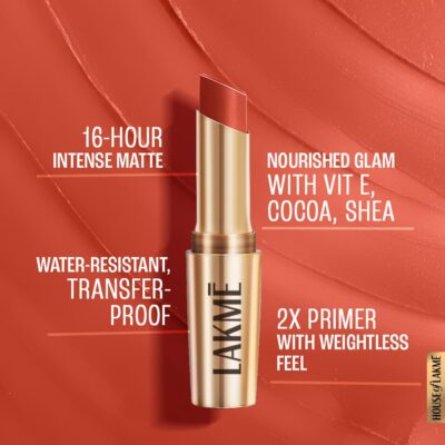 LAKMÉ Powerplay Priming Matte Lipstick, Smooth Matte Finish, Lightweight Lipstick, Smudgeproof, Lasts 16hrs, Hydrates Lips, Brick Blush, 3.6g