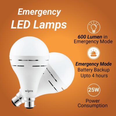 Wipro Garnet 25w LED Emergency Bulb | Cool Day White (6500K) | B22 | Inverter Bulb for Home | Upto 10 Hours Back up with dimmable Modes | Li-ion Battery | Over Charging Protection | Pack of 2