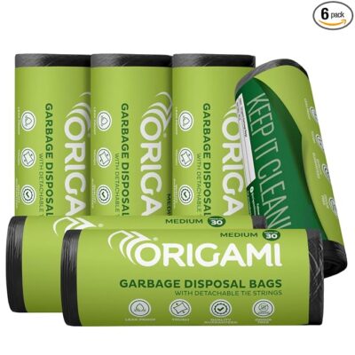 Origami Garbage Bags for Dustbin | Medium Size 180 Count (30 Bags x 6 Rolls) | 19 x 21 Inch Disposable Trash Bags | Suitable for Wet & Dry Waste - Black