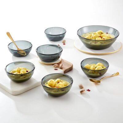 Borosil 7pc India’s First Coloured Pudding Set | 190ml x 6pc + 800ml x 1pc | Made in India Borosilicate Glass Bowl Set | Microwave, Dishwasher Safe & Scratch-Resistant | Crockery for Gifting & Dining