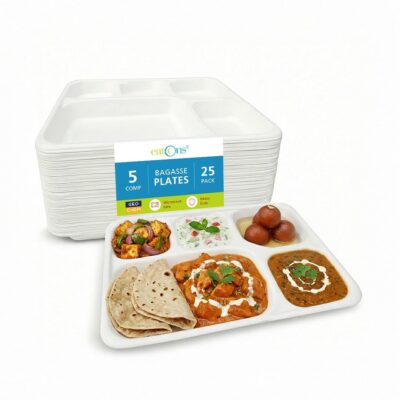 EATONS 5 -Compartment, 25 Pack Bagasse Meal Tray [11"x8.5"] Disposable Plates Big Size | Compostable Sugarcane Paper Plates | Thali, Birthday Party, Wedding Plates | Rectangular | White