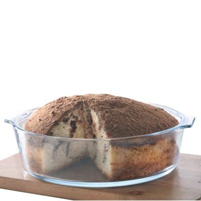 Borosil 1.2 L Baking & Serving Round Shape Cake Dish with Handle | Borosilicate Glass Bakeware and Serveware Casserole Dish Tray | Microwave, Oven & Dishwasher Safe Bowl | Transparent Container