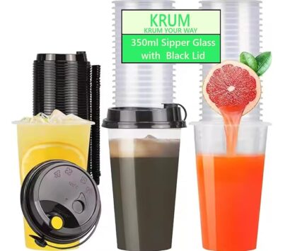 KRUM Transparent Plastic Sipper Glass with Lid Reusable, Spill-Proof Design for Beverages Coffee, Shakes, and More (350ml, 10, Count)