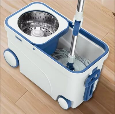 Spin Mop and Bucket System with Wheels, Stainless Steel Basket, Dual Chamber Design (Blue& White) Wiht [2 Refill ]