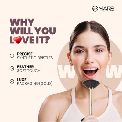 MARS Artist's Arsenal Professional Fan Brush For Face Highlighting | Precise Synthetic Brushes | Feather Soft Touch | Perfect For Highlighting | Luxe Packaging Makeup Brush (Golden)
