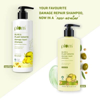 Plum Olive & Plant Keratin Damage Repair Shampoo | Sulphate-Free | With Olive & Macadamia oil| For Damaged, Salon-Treated Hair | 250 ml
