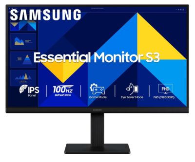 Samsung 27" (68.6 cm) S3 Flat Monitor|Super Slim Borderless Design|IPS Panel|FHD 1920 x 1080|100 Hz|5 ms|Ports-HDMI,VGA|Game Mode||Eye Saver Mode||Wall Mountable|LS27D300GAWXXL|Black