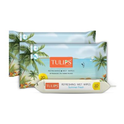 TULIPS Refreshing/Facial Wet Wipes/Skin Cleansing Wet Wipes/Makeup Remover Wipes/Facial Wipes - Summer Fresh with Green Tea Leaf Extract (Pack of 3)