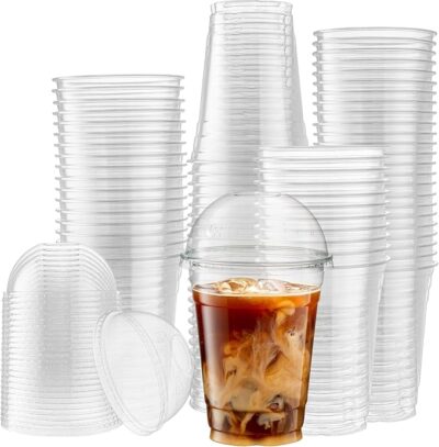 Amit Marketing PET Cups with Holed Dome Lids 200ml - 50 pc | Eco-Friendly Crystal Clear Biodegradable Multipurpose Cup | Iced Coffee, Slurpee, Parties, Cold Drinks, Slush Cups, Smoothies, Milkshake
