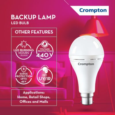 Crompton 12W Emergency LED Bulb Cool Day Light | Pack of 2 | Backup Lamp, Inverter Bulb for home | Rechargeable, 4 Hour Battery Back Up | B22 Base, Durable Design with Surge Protection