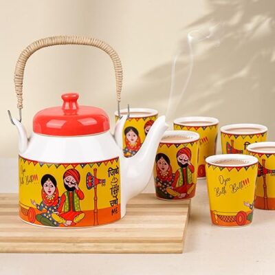The Earth Store Traditional Punjabi Jitthe Tea Utthe Me Ceramic Tea Set with Kettle | Tea Glasses Set of 6 | Colorful Decorative Tea Kettle | Home