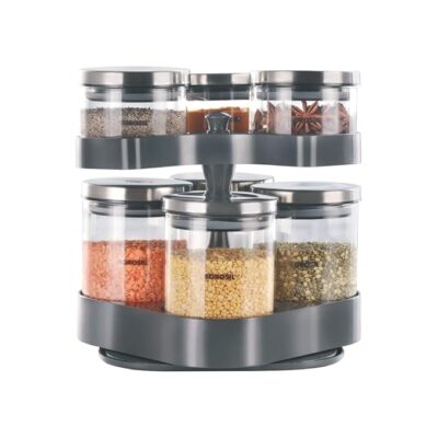 Borosil Spin N Store Tray With Classic Glass Jars, 360° Rotating Tray, Air-Tight Storage Containers For Kitchen, Glass Jar For Storing Spices, Snacks, Grains, Dals, Set of 7, Clear