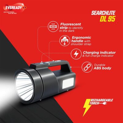 EVEREADY SEARCHLITE DL95, Kissan Torch, Rechargeable 4W Torch Cum 4W Emergency Sidelight, Type-C USB Fast Charging, Glow-in-The-Dark Strip, Overcharge & Deep Discharge Protection