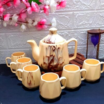 Marble Design Ceramic Tea Kettle Milk Ceramic Pot and Cup Set of 6, Kettle Size 750ml, Cream Color