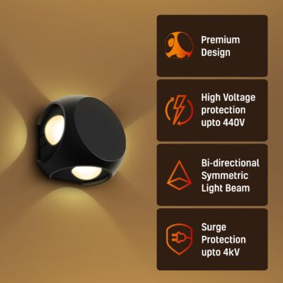 Wipro Garnet 4 Watt 4 Ray Round Outdoor Wall Light for Home | 4 x 1W| IP65 LED Wall Light | Warm White, Yellow 2700K | Aluminium Housing |(Black Body, Pack of 1)